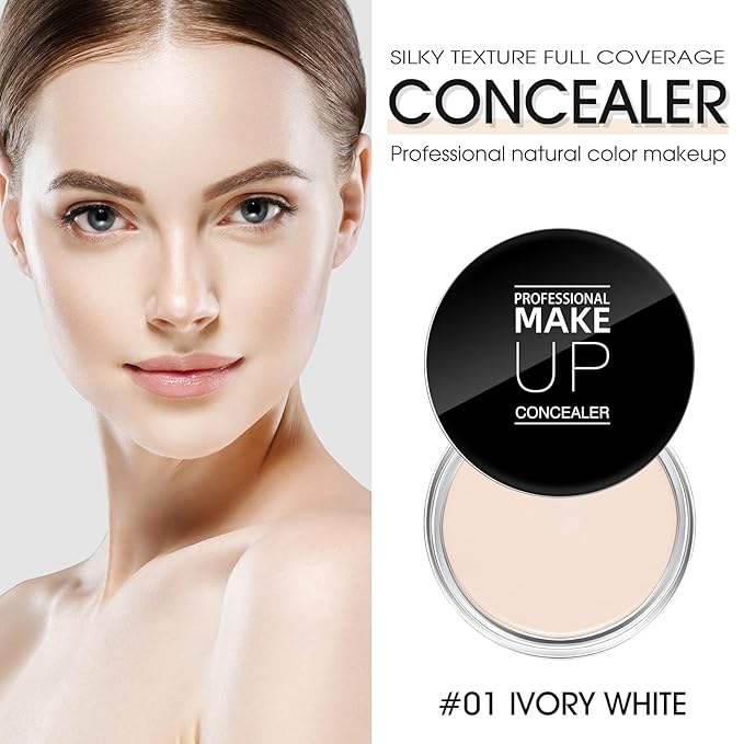 Cream Concealer Full Coverage Makeup, Matte Color Correcting Concealer with Brush, Waterproof, Conceals Blemish, Pores and Spots, Under Eye Makeup Concealer for Dark Circles (#01 IVORY WHITE)-Velvo Beauty
