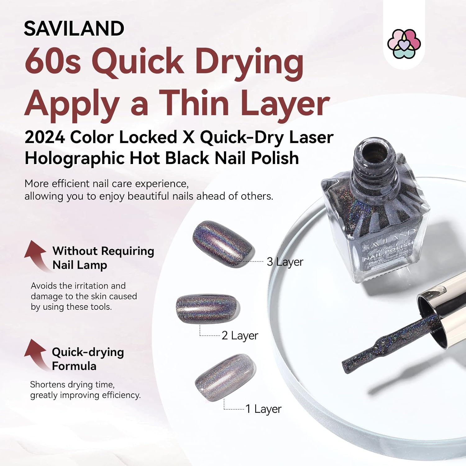 SAVILAND Holographic Black Nail Polish: Metallic Glitter Fingernail Polish Holographic Laser Plant-base Castor Oil Quick Dry Nail Polish Easy Use Remove Chrome Halo Nail Polish Beginner DIY Nail Tech-Velvo Beauty