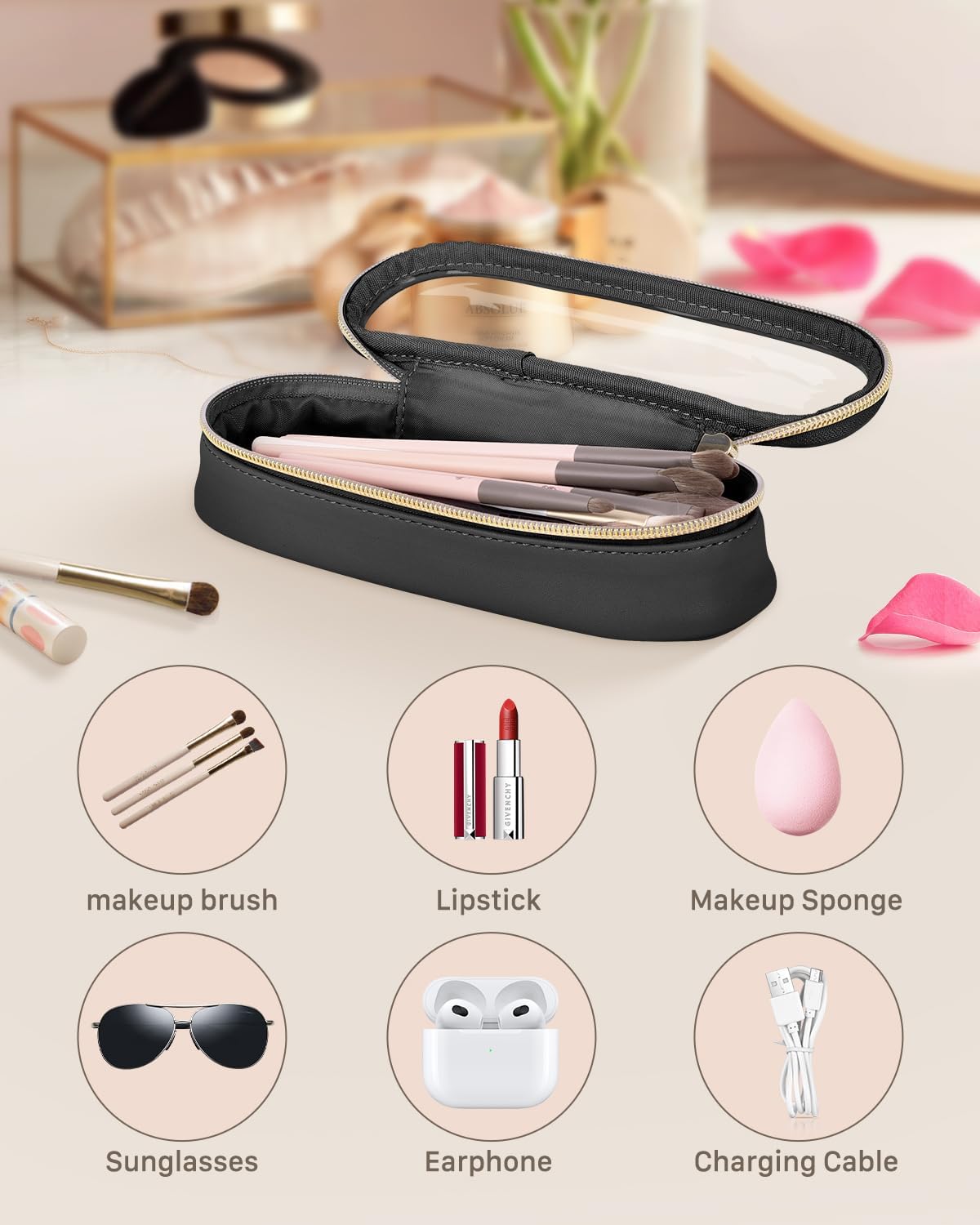 Clear Travel Makeup Brush Holder, Leather Makeup Brush Toiletry Bag, Portable Cosmetic Brush Case, Transparent Waterproof Makeup Brush Storage Bag, Black-Velvo Beauty