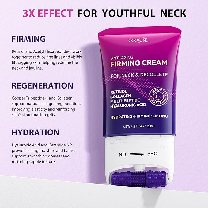 Firming Neck & Décolleté Cream with Retinol, AH-8 Hexapeptide, Collagen & Squalane – Instant Face Lift Cream for Wrinkles, Tightening & Crepey Skin – Neck Firming cream with Massage Roller – 4.3 fl oz-Velvo Beauty