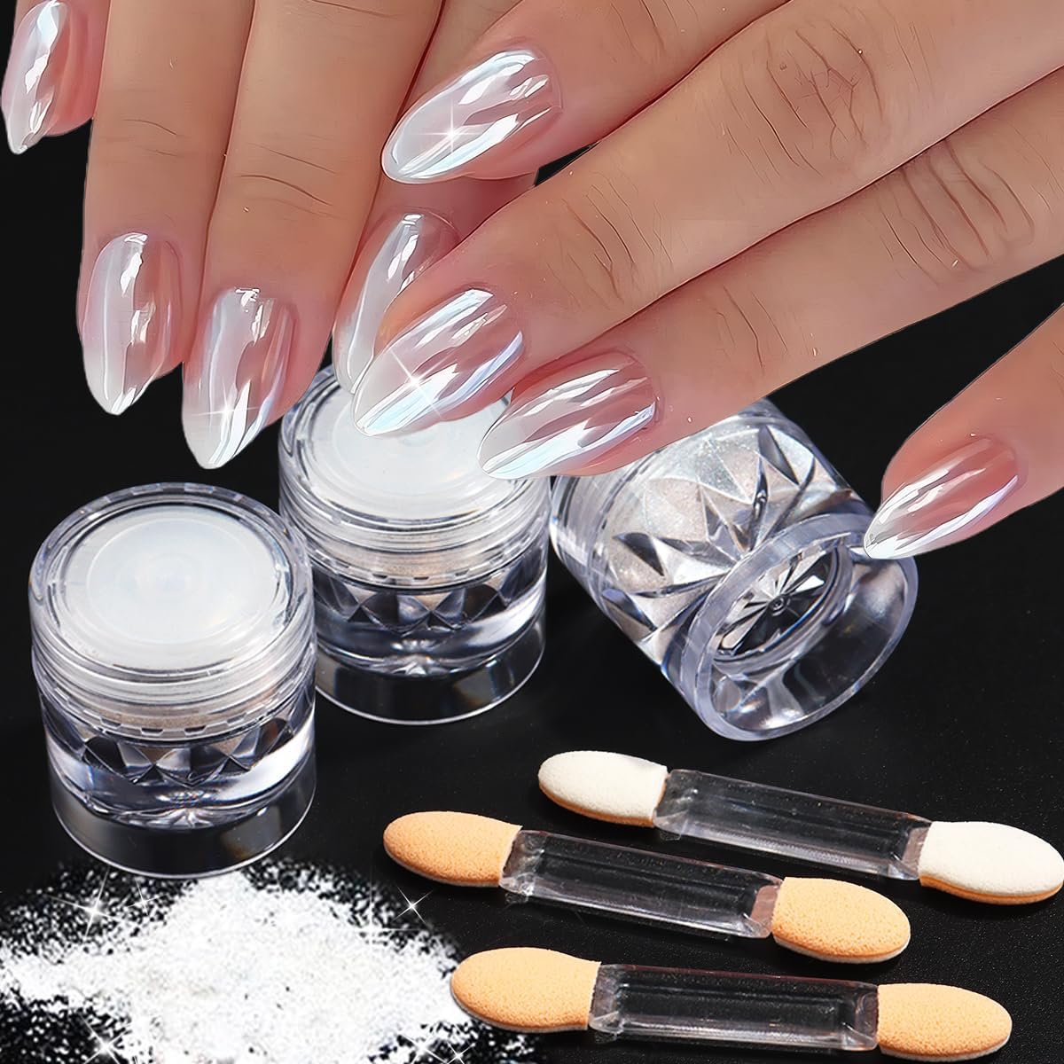 3Pcs Moonlight White Pearl Chrome Nail Powder, Super Glossy Clear Mirror Effect Holographic Pearl Nail Glitter Powder, Neon Ice Aurora Shimmer Sugar Pigment Dust for Nails Art Design-Velvo Beauty