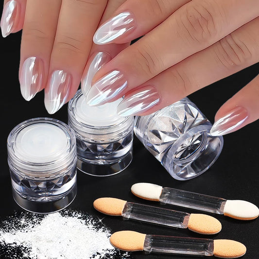 3Pcs Moonlight White Pearl Chrome Nail Powder, Super Glossy Clear Mirror Effect Holographic Pearl Nail Glitter Powder, Neon Ice Aurora Shimmer Sugar Pigment Dust for Nails Art Design-Velvo Beauty