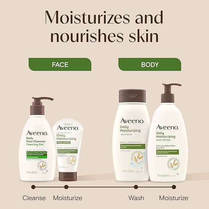 Aveeno Daily Moisturizing Face Lotion with Soothing Prebiotic Oat, Lightweight Non-Greasy Facial Moisturizer for Normal to Dry, Sensitive Skin, 24-Hour Moisture, Fragrance-Free, 5 oz-Velvo Beauty
