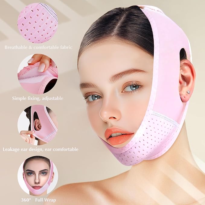 Reusable V Line Lifting Mask with Chin Strap, V Shaped Face Mask for Sagging, Jaw Exerciser (Pink)-Velvo Beauty