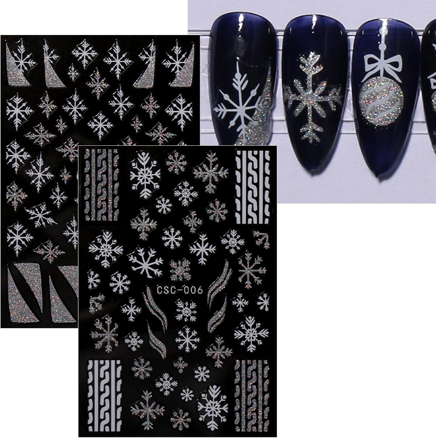 JMEOWIO 8 Sheets Christmas Glitter Nail Art Stickers Decals Self-Adhesive Snowflake Winter Holiday Cute Silver White Nail Supplies Nail Art Design Decoration Accessories-Velvo Beauty