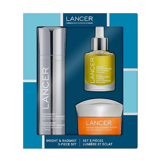 Lancer Skincare Bright & Radiant 3-Piece Set with Instant Brightening Booster, Omega Hydrating Oil, and Advanced C Radiance Treatment for Glowing Skin-Velvo Beauty