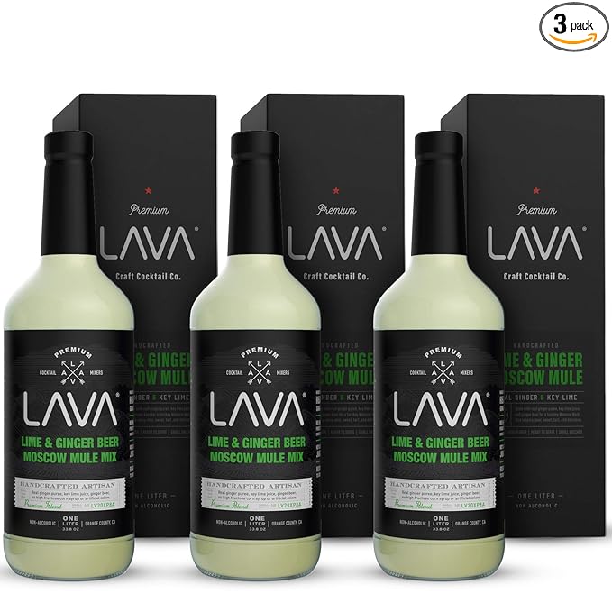 (3 Pack) LAVA Premium Spicy Moscow Mule Mix by LAVA Craft Cocktail Co., Made with Ginger Beer, Key Lime Juice, Real Ginger Puree, No Artificial Sweeteners, Ready to Use, 1-Liter (33.8oz) Glass Bottle-Velvo Beauty