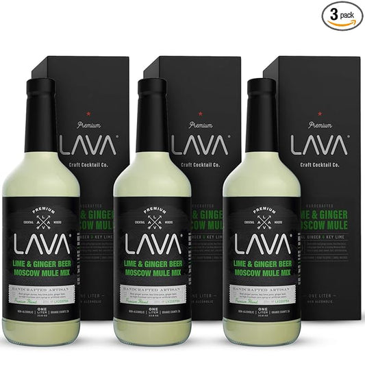 (3 Pack) LAVA Premium Spicy Moscow Mule Mix by LAVA Craft Cocktail Co., Made with Ginger Beer, Key Lime Juice, Real Ginger Puree, No Artificial Sweeteners, Ready to Use, 1-Liter (33.8oz) Glass Bottle-Velvo Beauty