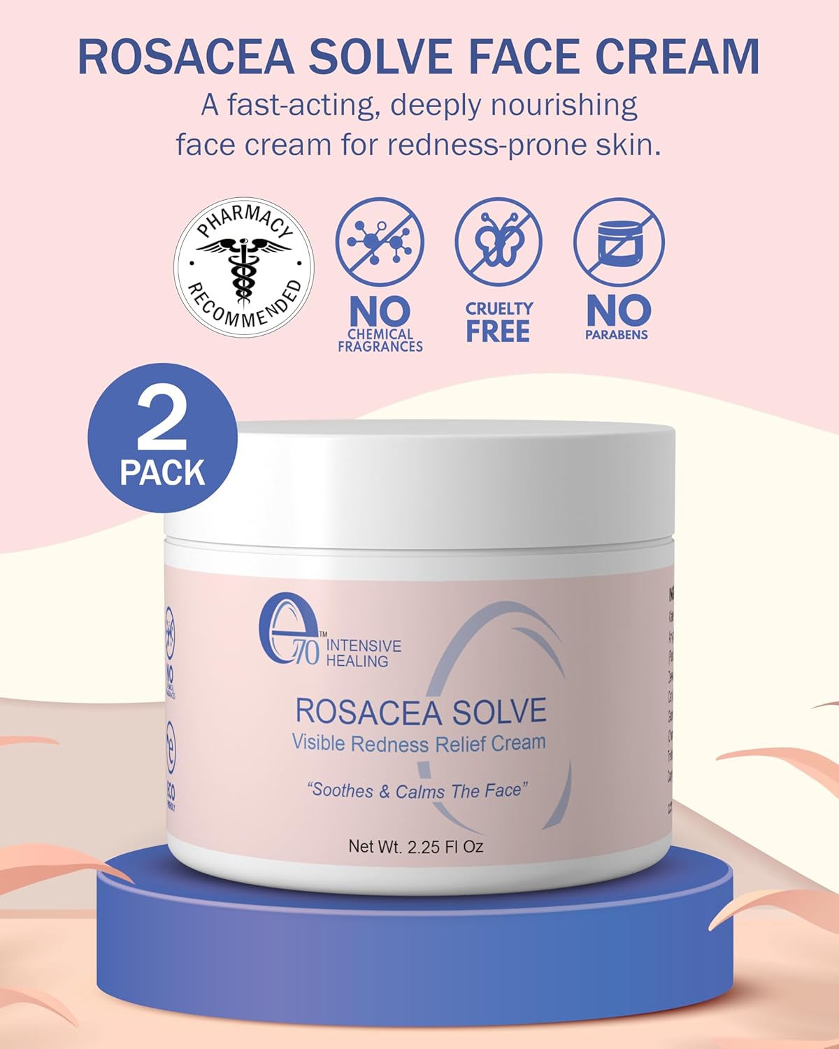 Rosacea Treatment for Face Skincare Cream for Women & Men (Pack of 2) - Gentle Moisturizer Redness Reducing Skin Care - with Aloe Vera & Hyaluronic Acid - Day-Night, Made in USA by e70 (2.25 fl. oz.)-Velvo Beauty