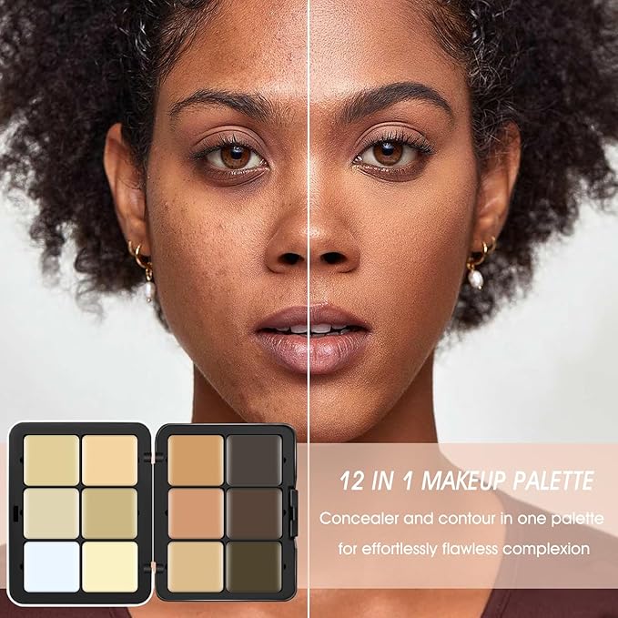 12 Colors Cream [Contour+Concealer] Makeup Palette for Cheeks - Multi-functional Makeup Palette with Brush, Natural Matte Long Wearing, Waterproof Blendable Face Makeup Palette (#03)-Velvo Beauty