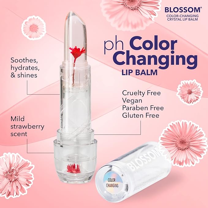 Blossom Moisturizing Custom Color Changing 2 pack, Strawberry Scented Crystal Lip Balm (Red), Shimmer Sparkle Lip Stain Tint (Blush), Infused with Real Flowers, 6g, Red/Blush-Velvo Beauty