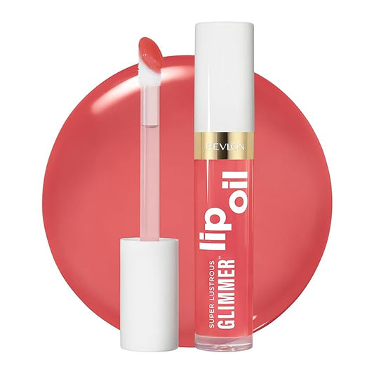 REVLON Super Lustrous Glimmer Lip Oil, Moisturizing & Tinted, Shiny Finish, Made with Plant-Based Squalane, 007 Posh Peach, 0.13 fl oz-Velvo Beauty
