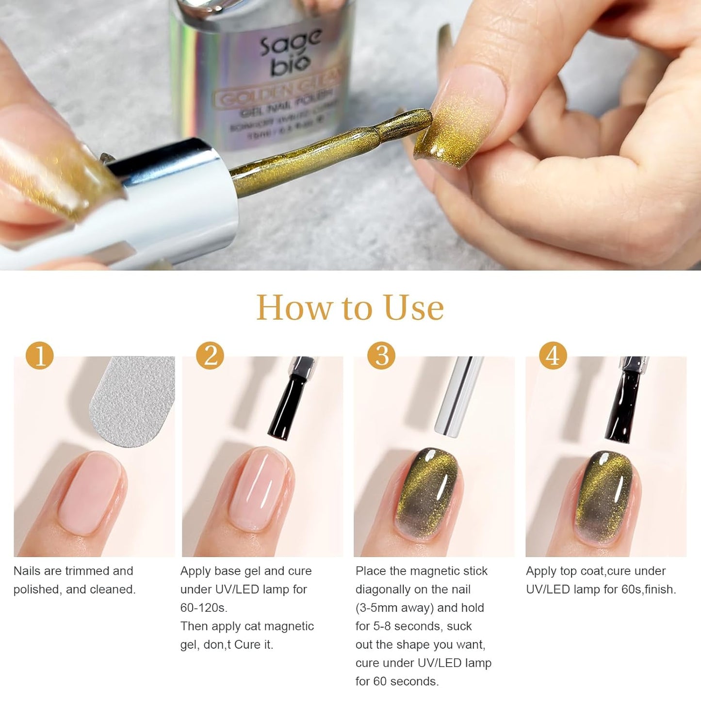 Cat Eye Gel Nail Polish with Magnet Stick, 15ml Glitter Holographic Nail Polish, Magnetic Effect Gel for Home DIY Manicure Gift, Champagne Gold-Velvo Beauty