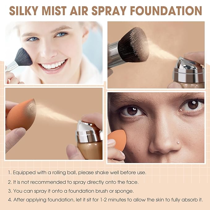 AirBrush Foundation Spray, Silky Mist Foundation Spray Makeup Set with Brush, Full Coverage Foundation for Smooth Radiant Finish, Formula Breathable Lightweight Hydrating | #01 Porcelain-Velvo Beauty