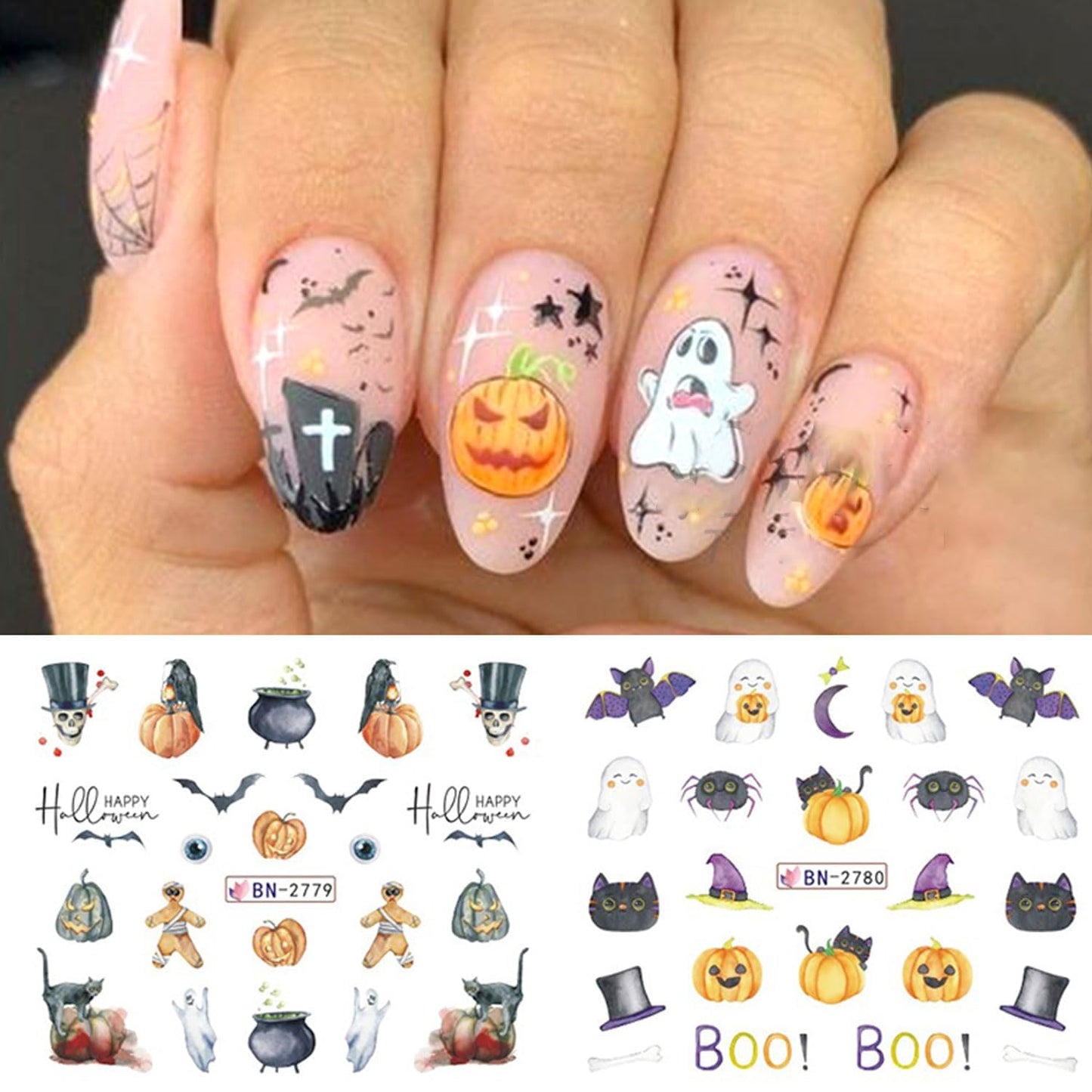 Halloween Nail Art Stickers - Spooky Ghost Pumpkin Water Transfer Foils Decals - Cartoon Witch Bat Spider Skeleton Designer Accessories for Nail Art - 12 Sheets-Velvo Beauty