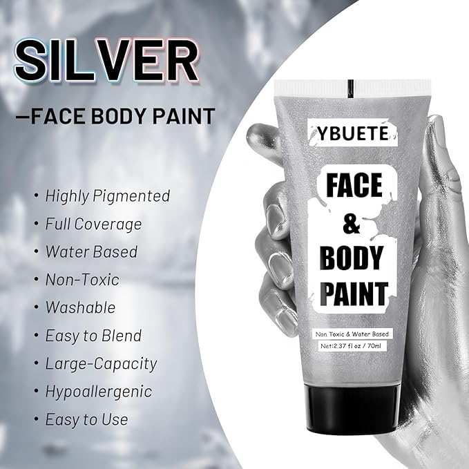 Sliver Water Based Face Body Paint, 2.37 OZ Large Tube Full Coverage Face Paint for Skull Goth Cosplay, Washable Metallic Silver Body Painting Cream for Adult Carnival Halloween SFX Makeup-Velvo Beauty