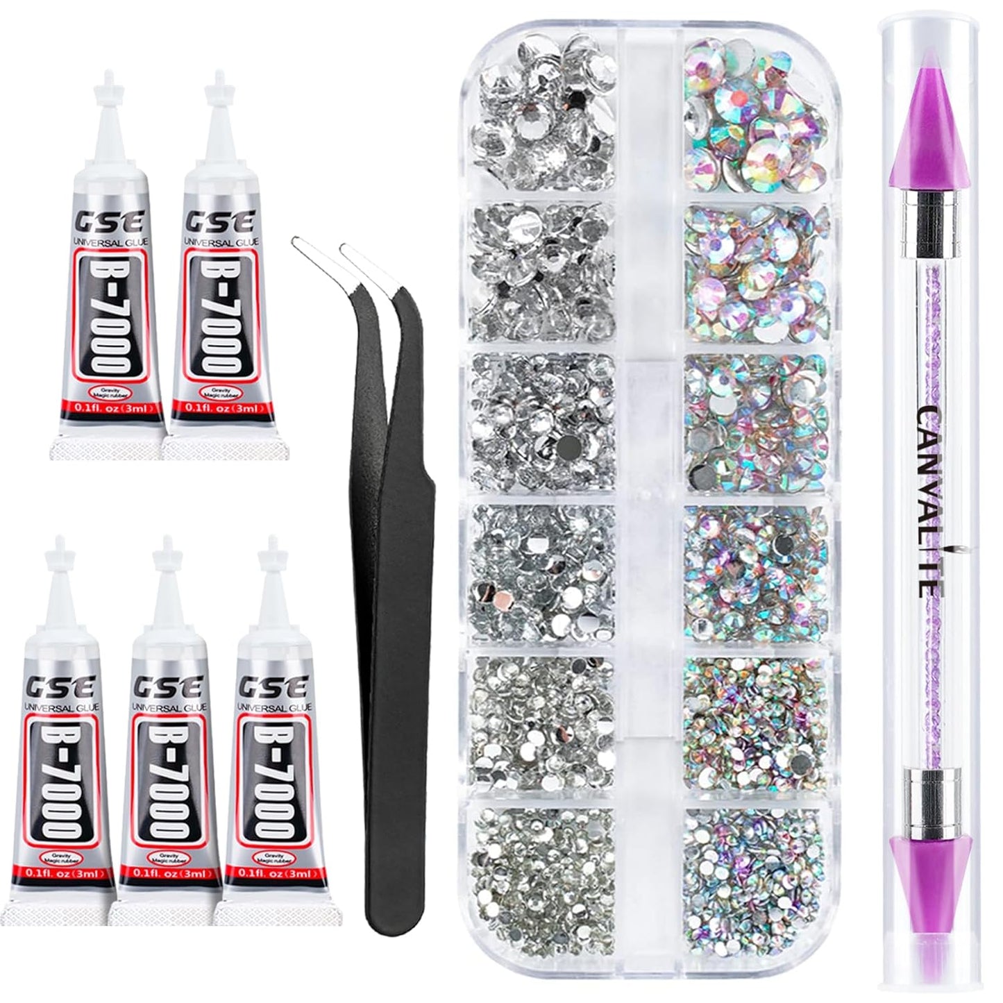 Canvalite 2784PCS Rhinestones Crystal AB Rhinestones for Nail with 5Pcs 3ml B7000 Jewelry Glue and Pick Up Tweezers and Nail Rhinestone Picker, Nail Art Tools,Stocking Stuffers Gifts for Women-Velvo Beauty