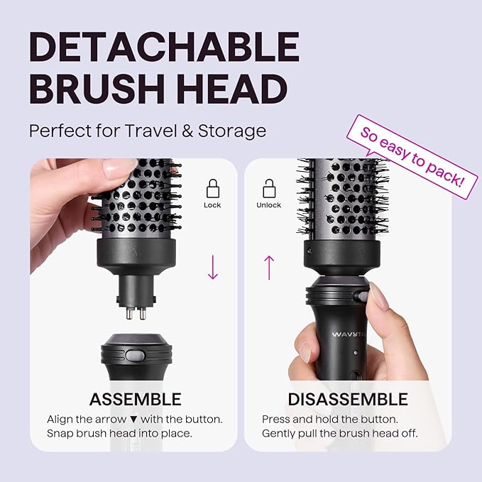 Wavytalk Thermal Brush, 1 1/2 inch Heated Round Brush with Detachable Head, Velvet Pouch and Dual Voltage for Travel, Easy to Create Blowout Look, Classic Black-Velvo Beauty