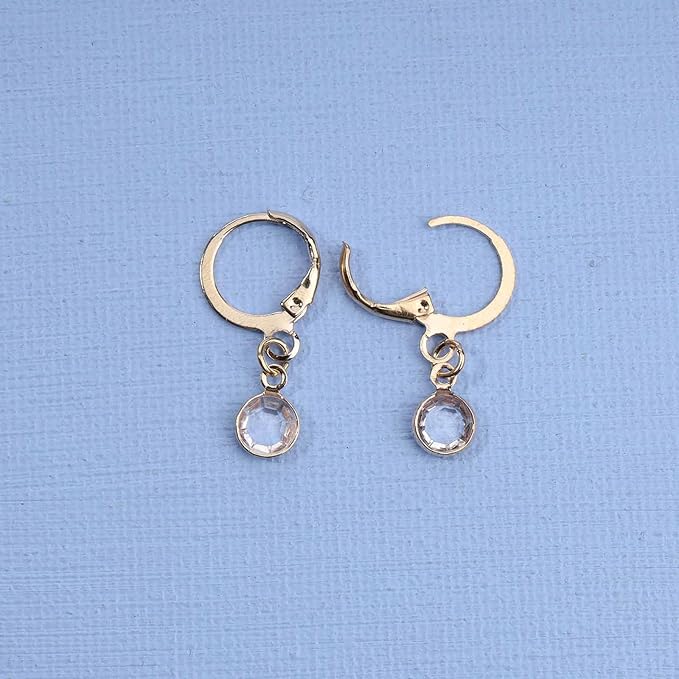 Round Bezel Dangle Earrings Gold Crystal Quartz Earrings Faceted Gemstone Earrings Tiny Circular Leverback Earrings Jewelry for Women and Girls-Velvo Beauty