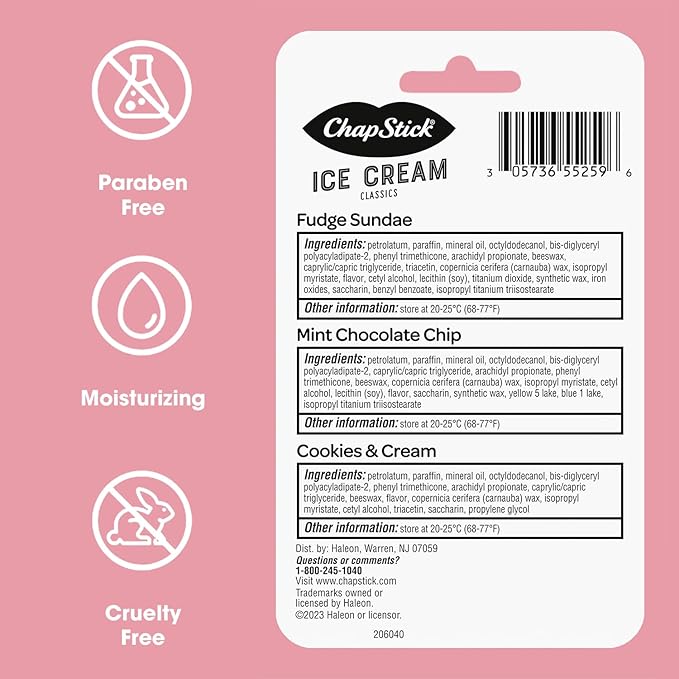ChapStick Lip Moisturizer, Ice Cream 3-Packs (12 Sets/36 Tubes) - Bulk Lip Balm, Irresistible & Sweet, 0.15 Oz Ea-Velvo Beauty
