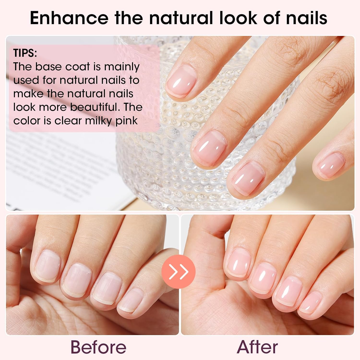 GELLEN 4‑in‑1 Clear Nail Polish Base Coat Sheer Tinted Milky Pink, Ridge Filler, Nail Strengthener & Concealer, Calcium Formula Strengthens Nails, Enhances Natural Look, No HEMA, Anti-yellowing-Velvo Beauty