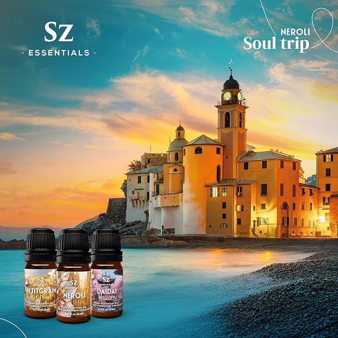 Neroli Soul Trip Essential Oils Collection- Neroli + Petitgrain Sur Fleurs + Dai Dai Blossom -Set of 3 Bottles (0.17 Fl Oz- 5ml each)- 100% Pure & Undiluted - Therapeutic Grade & Vegan-Velvo Beauty
