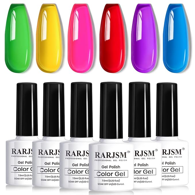 RARJSM Neon Jelly Gel Nail Polish Set 6pcs Clear Crytal Glass Yellow Blue Green Red Pink Purple Transparent Sheer Gel Varnish LED UV Curing Requires French Manicure Soad off Summer Iridescent Colors-Velvo Beauty