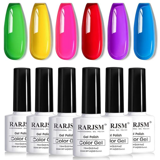 RARJSM Neon Jelly Gel Nail Polish Set 6pcs Clear Crytal Glass Yellow Blue Green Red Pink Purple Transparent Sheer Gel Varnish LED UV Curing Requires French Manicure Soad off Summer Iridescent Colors-Velvo Beauty