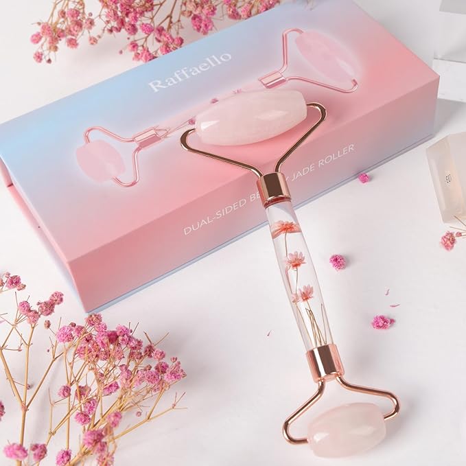 Raffaello Jade Roller - Natural Pink Facial Roller, Redness Reducing Massager for Face, Eyes, Neck - Rose Quartz-Velvo Beauty