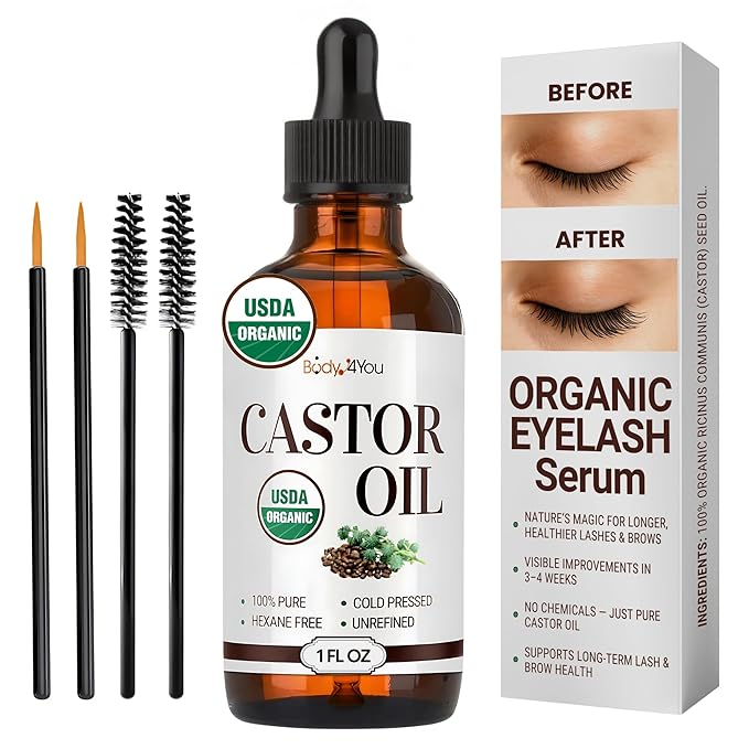 BodyJ4You Organic Castor Oil for Hair Growth: Natural Eyelashes Serum for Lashes and Eyebrows - Glass Bottle 1 Fl Oz-Velvo Beauty