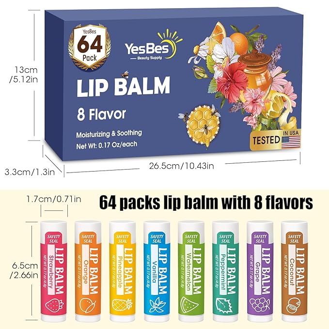 64 Pack Lip Balm, Natural Lip Balm Bulk with Vitamin E and Coconut Oil, Moisturizing Lip Balm for Dry Cracked Lips, Lip Balm for Stocking Stuffers - 8 Flavors-Velvo Beauty