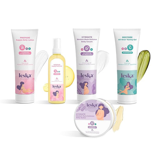Leska Maternity Set | Belly Lotion, Belly Oil, Stretch Mark Defense Cream & Belly Butter, Toning Gel | Maternity Stages Skin Care for Pregnancy & Postpartum |New Mom Gifts (Set of 5, 4-4.93oz each)-Velvo Beauty