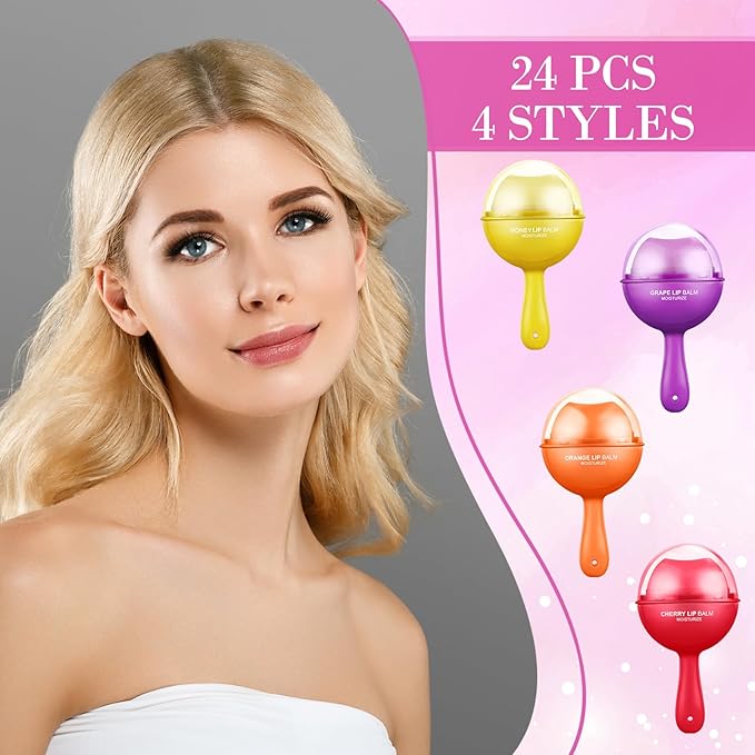 24 Pcs Lollipop Lip Balm Bulk Lip Balm Cherry Grape Orange Honey Taste Lip Balm Lip Care Gift for Women Soothing Moisturizing Lip Balms for Dry Chapped Lips Office Business Favors-Velvo Beauty