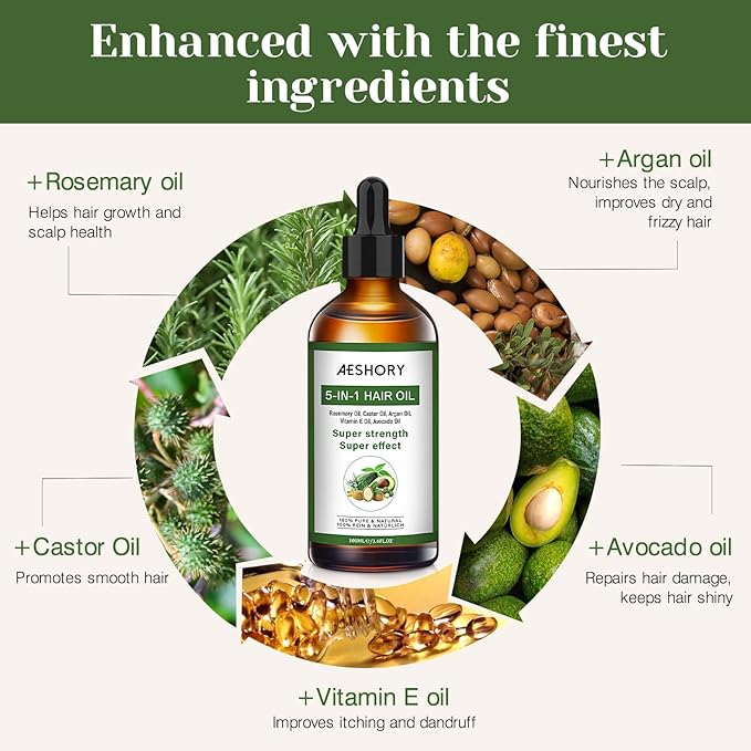 Aeshory Hair Oil - 5 IN 1 Hair Care Oil with Rosemary, Castor, Argan, Vitamin E, and Avocado for Hair Growth and Strengthening - Nourishing and Volumizing 3.38 fl oz-Velvo Beauty