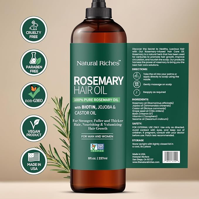 Natural Riches 100% Pure Premium Rosemary Oil For Hair Growth Infused With Biotin & Vitamin E Jojoba & Castor Oil Hair Strengthening Treatment | Nourishing & Volumizing | Non GMO Verified 8 Fl oz.-Velvo Beauty