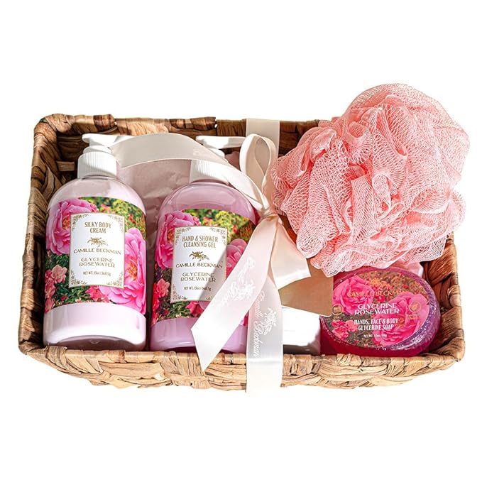 Camille Beckman Essentials Gift Basket, Glycerine Rosewater, Glycerine Hand Therapy 6 oz, Silky Body Cream 13 oz, Hand and Shower Cleansing Gel 13 oz, Glycerine Soap 3.5 oz-Velvo Beauty