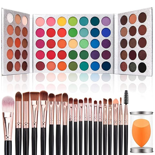 Eyeshadow Palette 65 Colors + 20pcs Makeup Brushes Set + Sponge Blender Sweatproof Pigmented Matte Shimmer Metallic Blendable Soft Pressed Powder Eye Shadow Makeup Palette-Velvo Beauty
