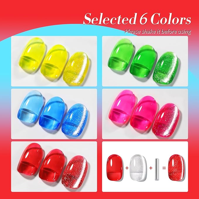 Born Pretty Neon Jelly Gel Nail Polish Glass Crystal Spring Summer Transparent Ice Jelly Gel Polish with Silver Holographic Glitter Cat Magnetic Eye Gel Polish Collection Minicure DIY Gifts 6PCS-Velvo Beauty