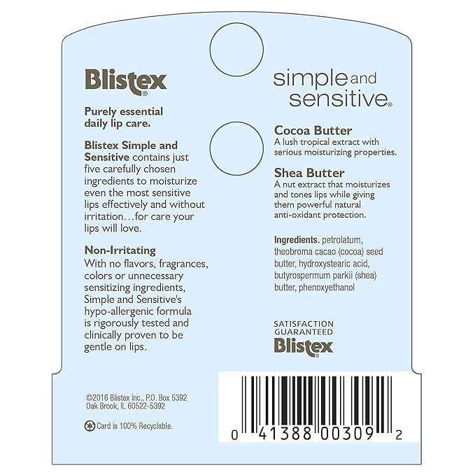 Blistex Simple and Sensitive Hypo-allergenic, Non-irritating Lip Moisturizer, (5-pack)-Velvo Beauty