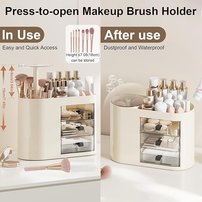 DASITON Makeup Organizer with 3 Drawers,Automatic Lifting Makeup Brush Holder with Lid,Large Capacity Makeup Organizers for Vanity,Bathroom Countertop,Ideal Storage Skin Care,Brushes,Lipstick (Cream)-Velvo Beauty