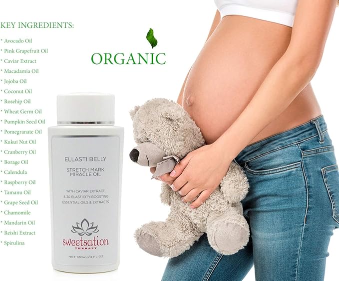 Sweetsation Therapy- Organic EllastiBelly Stretch Mark Miracle Oil, 4oz. Stretch Marks Prevention in Pregnancy With Omega 3,6,9, Vitamins,Amino Acids, 30+ Extracts to Boost Elasticity-Velvo Beauty