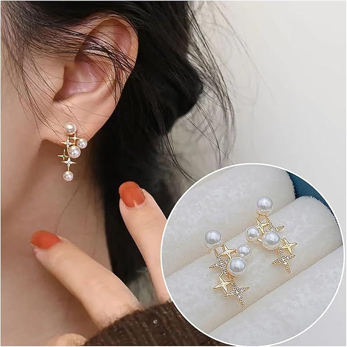 Vintage Pearl Star Earrings Rhinestone Pearl Drop Earrings Gold Crystal North Star Earrings Cz Northstar Studs Earrings Jewelry for Women-Velvo Beauty