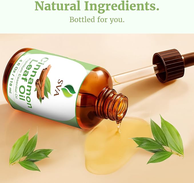 SVA Cinnamon Leaf Essential Oil – 4 Fl Oz – 100% Natural Cinnamon Oil - for Diffuser, Hair Care, Face, Skin Care, Aromatherapy, Scalp and Body Massage, Soap and Candle Making – with Dropper-Velvo Beauty