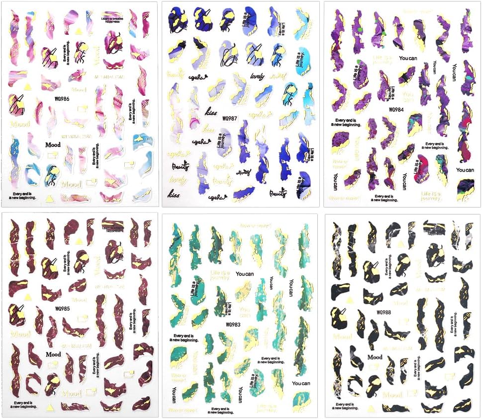 3D Marble Nail Stickers - 6 Color Marble Decals, Blooming Nail Art, Bronzing & Watercolor Smudge Resistant, Self-Adhesive Gold Foil Designs-Velvo Beauty