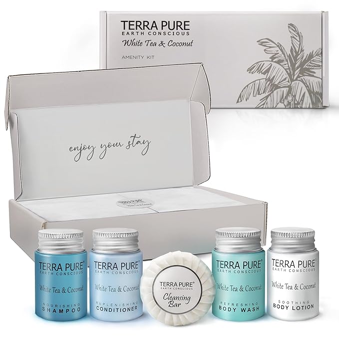 Terra Pure White Tea and Coconut Amenity Kit | Hotel Toiletries | 1oz Travel Size Shampoo, Conditioner, Lotion, Body Wash & Cleansing Bar for Guest Hospitality AirBnB/Vacation Rentals | 1 set/case-Velvo Beauty