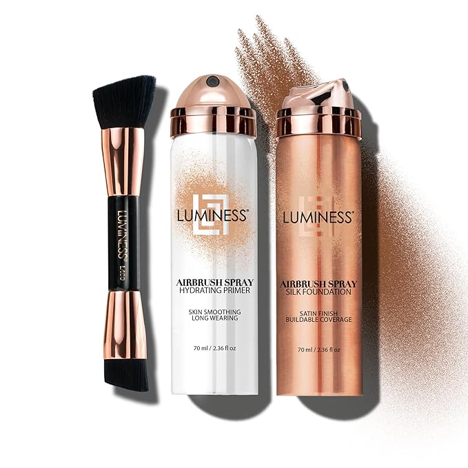 LUMINESS Airbrush Spray Silk Foundation Starter Kit - Deep Rich - Foundation, Primer & Dual-Sided Angled Buffing Brush - Medium, Buildable Coverage, Anti-Aging Formula Hydrates & Moisturizes-Velvo Beauty