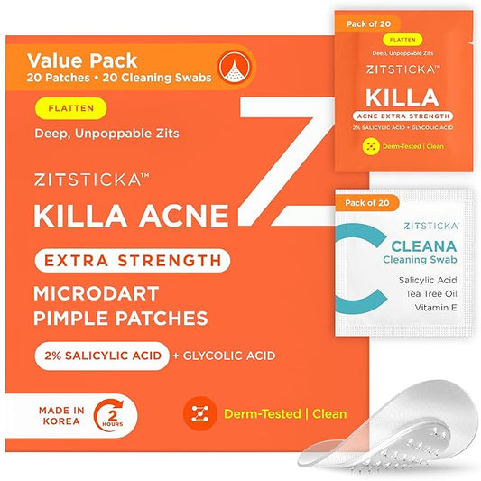 ZitSticka Extra Strength Killa Acne Patches for Face - World's Most Potent Pimple Patch with Fast-Acting Microdarts - Starts Working within 2 Hours for Deep, Early-Stage Zits & Blemish - 20 Count-Velvo Beauty