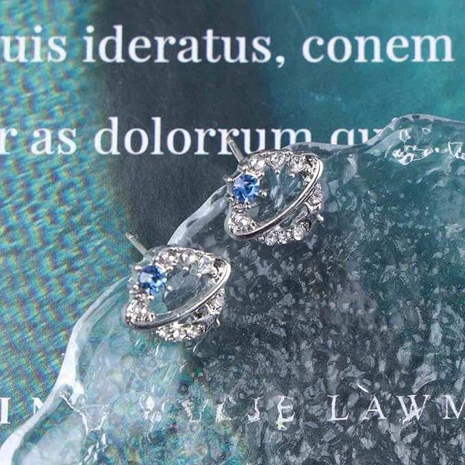 Boho Crystal Saturn Earrings Cz Orb Planet Earrings Silver Rhinestone Circle Earrings Tiny Sapphire Stud Earrings Jewelry for Women and Girls-Velvo Beauty