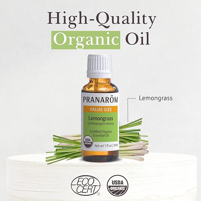 Pranarom USDA Certified Organic Lemongrass Essential Oil (30ml), 100% Pure Undiluted Therapeutic Grade from India for Aromatherapy, Diffuser, Meditation, Massage, Relaxation, Citrus - Lemon-Velvo Beauty
