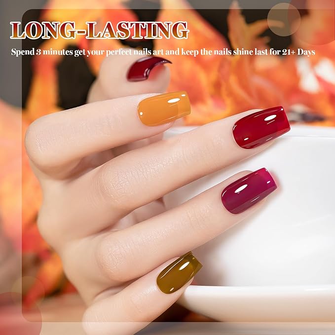 RARJSM Jelly Stained Glass Gel Nail Polish Set 6pcs Clear Amber Yellow Cherry Red Orange Olive Green Crystal Transparent Series Sheer Gel Varnish Curing Requires Soak off Home Salon French Manicure-Velvo Beauty